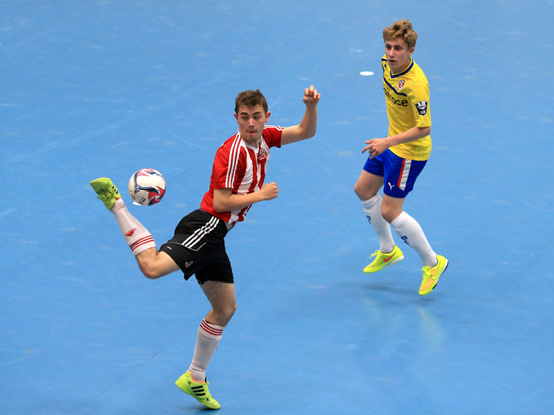 Reading and Sheffield United players in action during the Soccer AM Futsal Cup Final at the Copper Box Arena